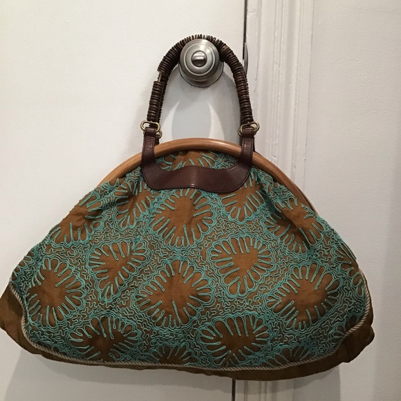Tocca Brown Embroidered Satchel with Wooden Handles
